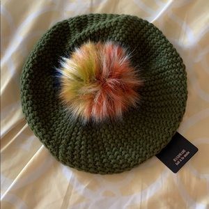 NWT NORLA Green Beanie w/multicolor Pom Pom Pouf